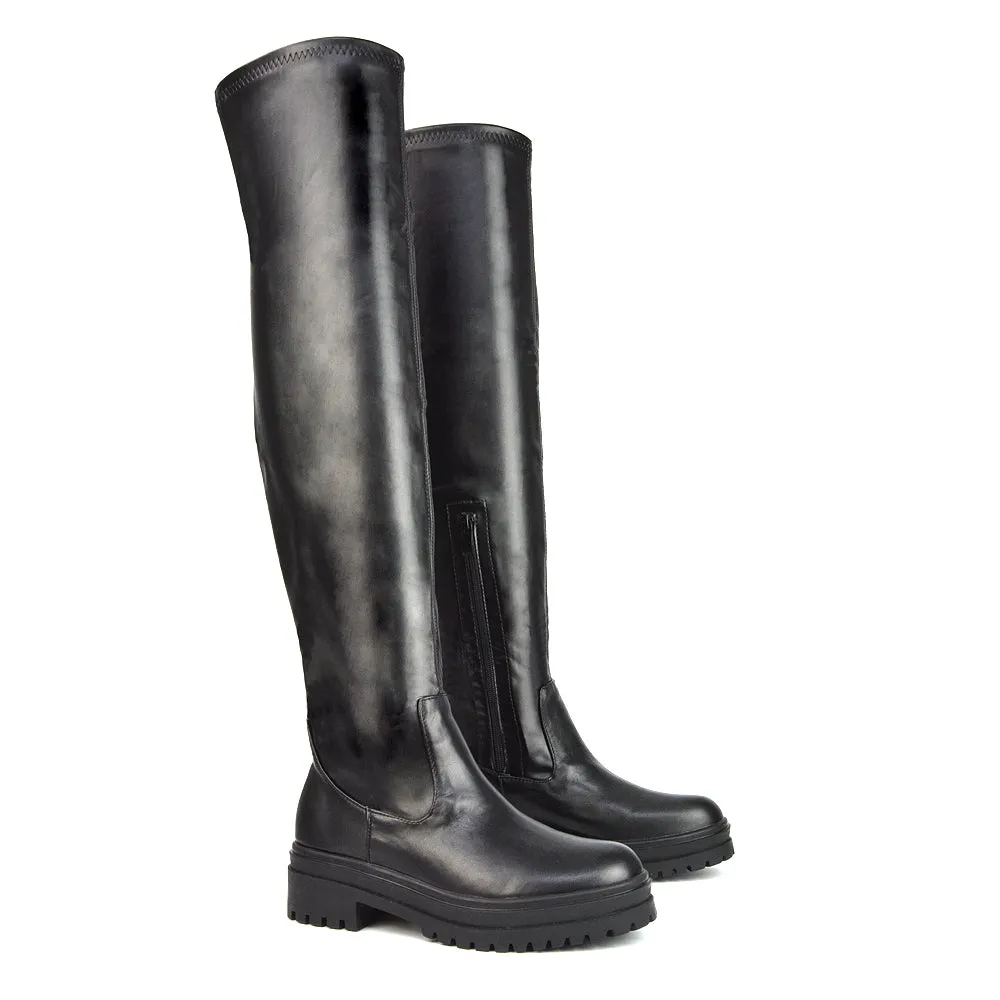 Rosalia Flat Chunky Sole Over the Knee Thigh High Long Boots in Black Synthetic Leather