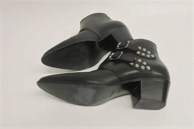 Saint Laurent Studded Double Monk Ankle Boots Black Leather Size 36