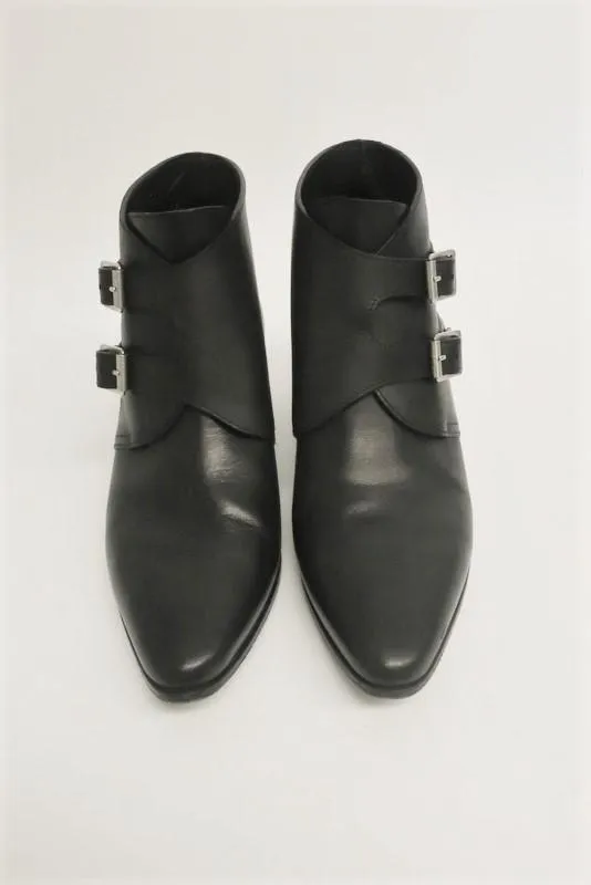 Saint Laurent Studded Double Monk Ankle Boots Black Leather Size 36