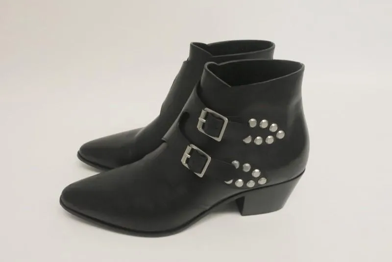 Saint Laurent Studded Double Monk Ankle Boots Black Leather Size 36