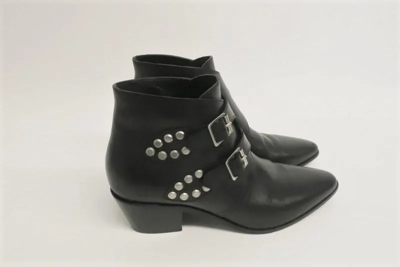 Saint Laurent Studded Double Monk Ankle Boots Black Leather Size 36
