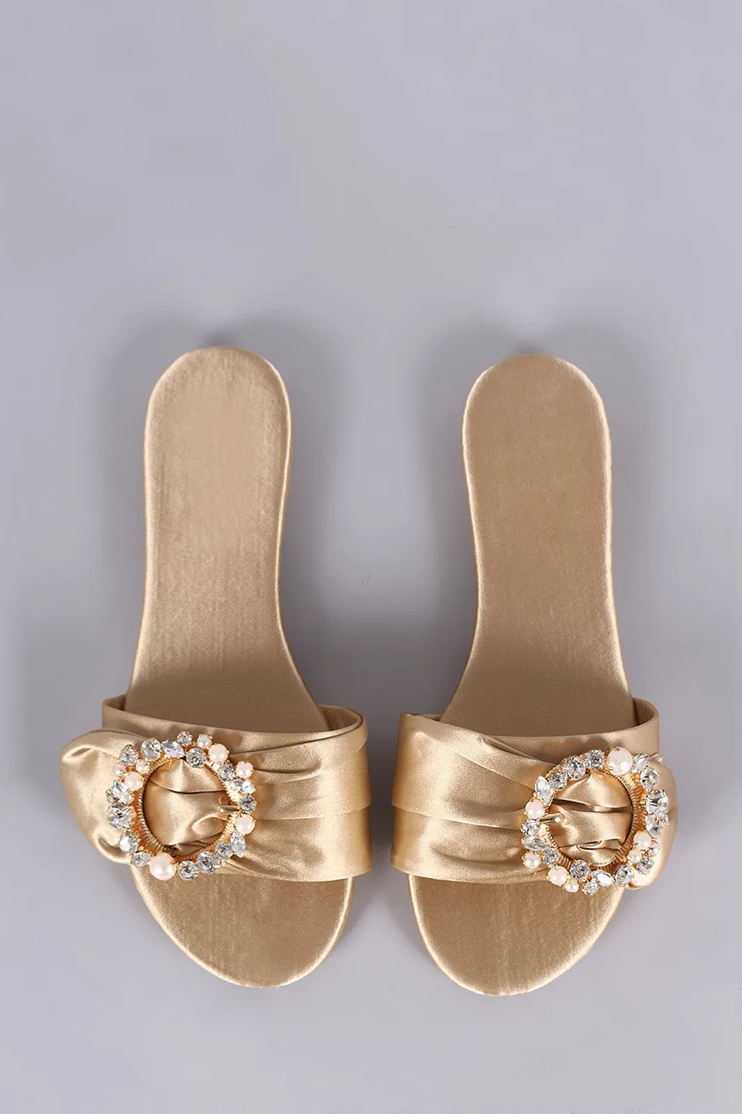 Satin Faux Pearls And Rhinestones Slip On Flat Sandal