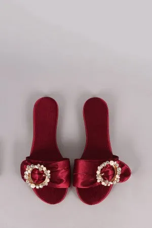 Satin Faux Pearls And Rhinestones Slip On Flat Sandal