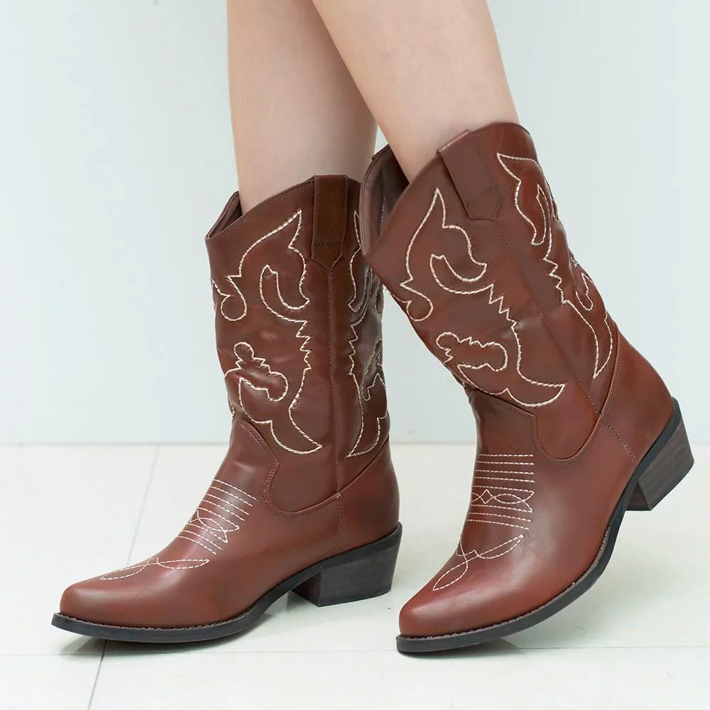 SheSole Womens Wide Calf Cowboy Boots Brown