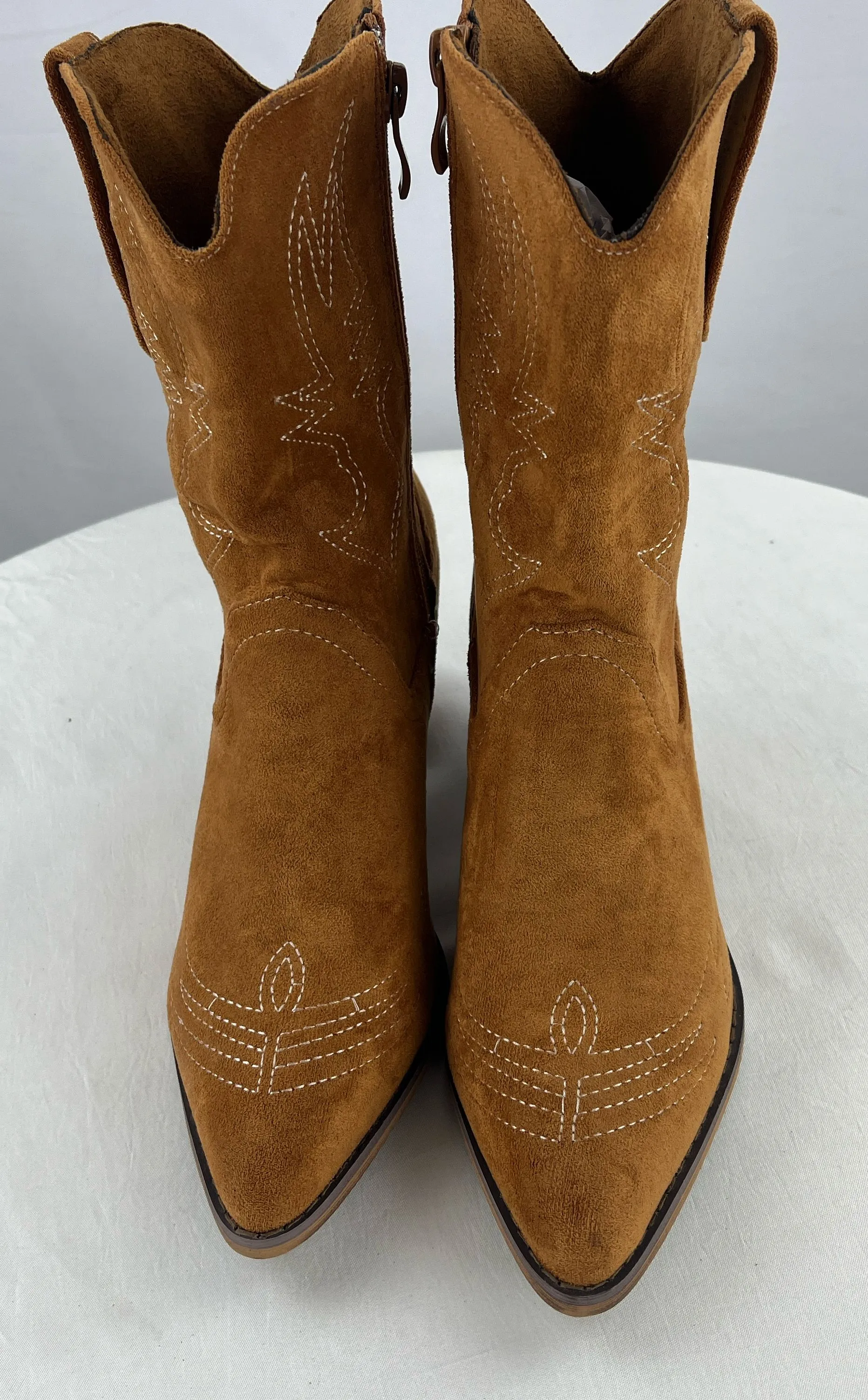 Shibever Women's Brown Suede Leather High Heel Cowboy Boots Size 7.5 NWOT