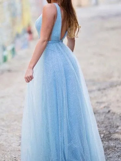 Shiny Light Blue V Neck Long Tulle Prom Dress For Teens PSK358