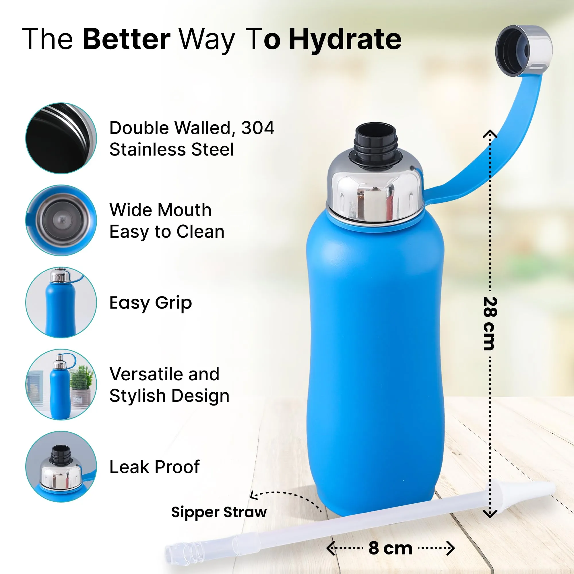 The Better Home 750ml | Insulated Thermosteel Bottle | Hot and Cold Water Bottle for Office, Gym, School | Leakproof | Vacuum Insulated Water Bottles | Easy Carry Flask for Kids/Adults | Blue