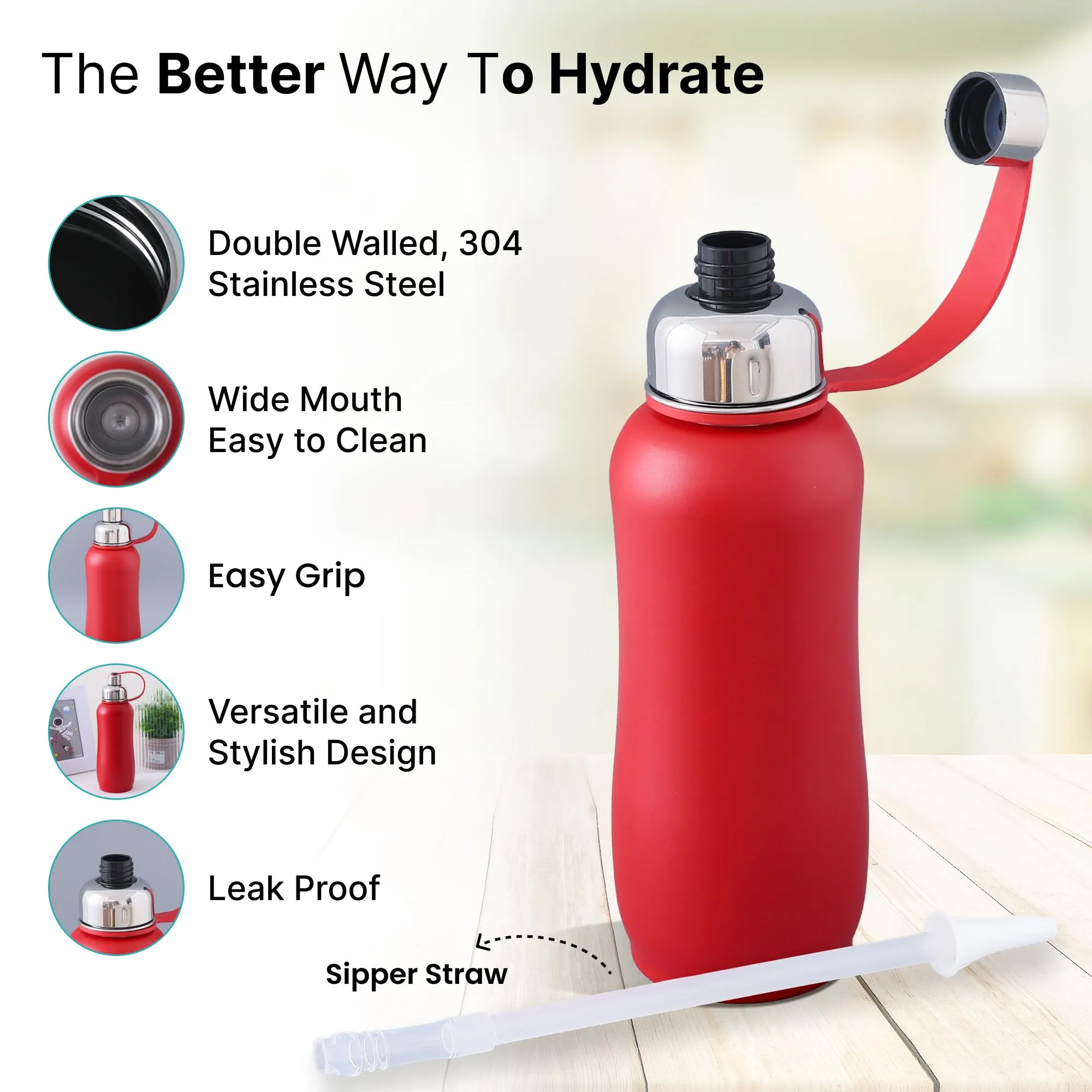 The Better Home 750ml | Insulated Thermosteel Bottle | Hot and Cold Water Bottle for Office, Gym, School | Leakproof | Vacuum Insulated Water Bottles | Easy Carry Flask for Kids/Adults | Red