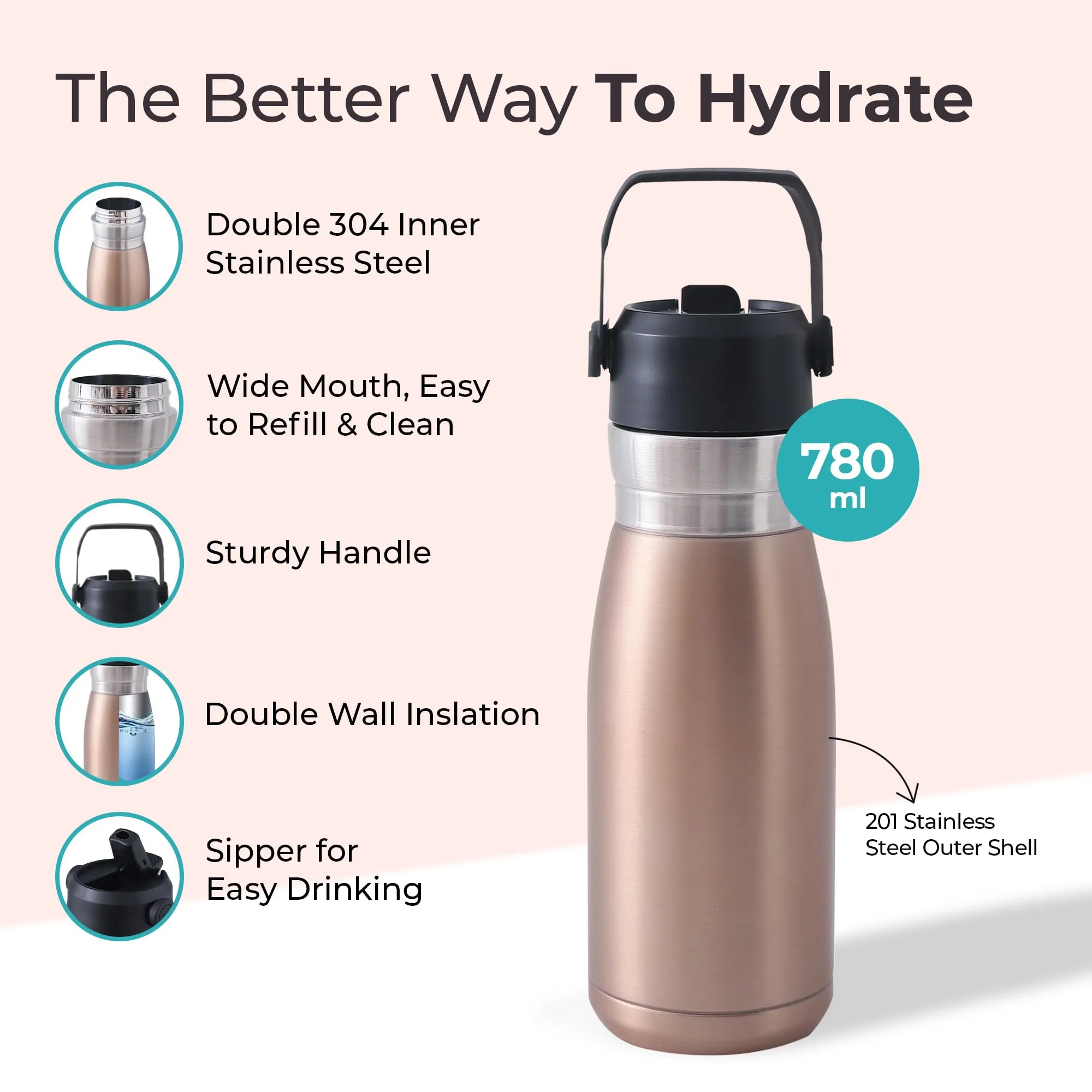 The Better Home Insulated Flask Water Bottle for Kids School (780ml) | Hot and Cold Water Bottle | Leakproof Thermosteel Water Bottle for Office/Gym/Travel | Handle | Sipper Bottle for Adults| Golden