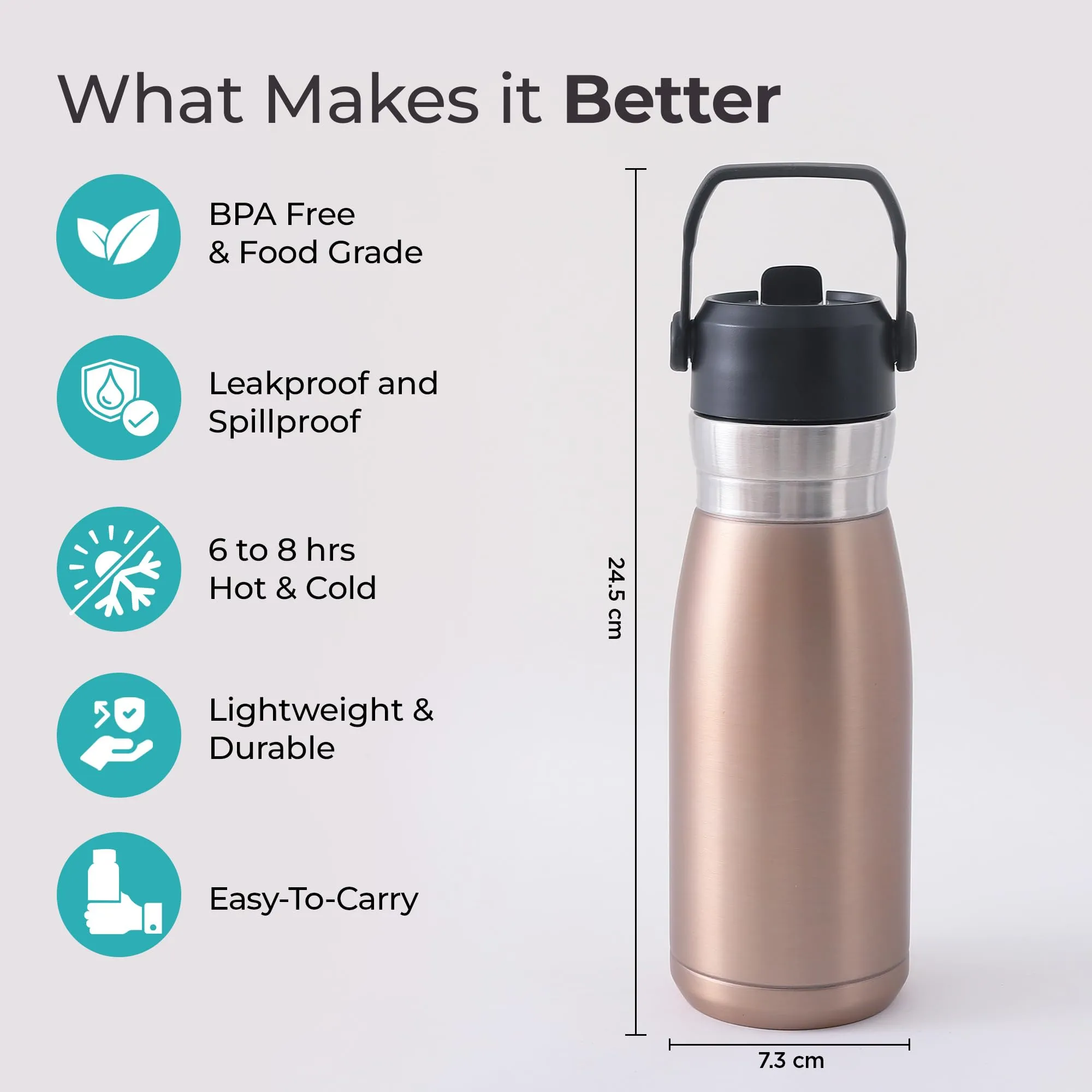 The Better Home Insulated Flask Water Bottle for Kids School (780ml) | Hot and Cold Water Bottle | Leakproof Thermosteel Water Bottle for Office/Gym/Travel | Handle | Sipper Bottle for Adults| Golden