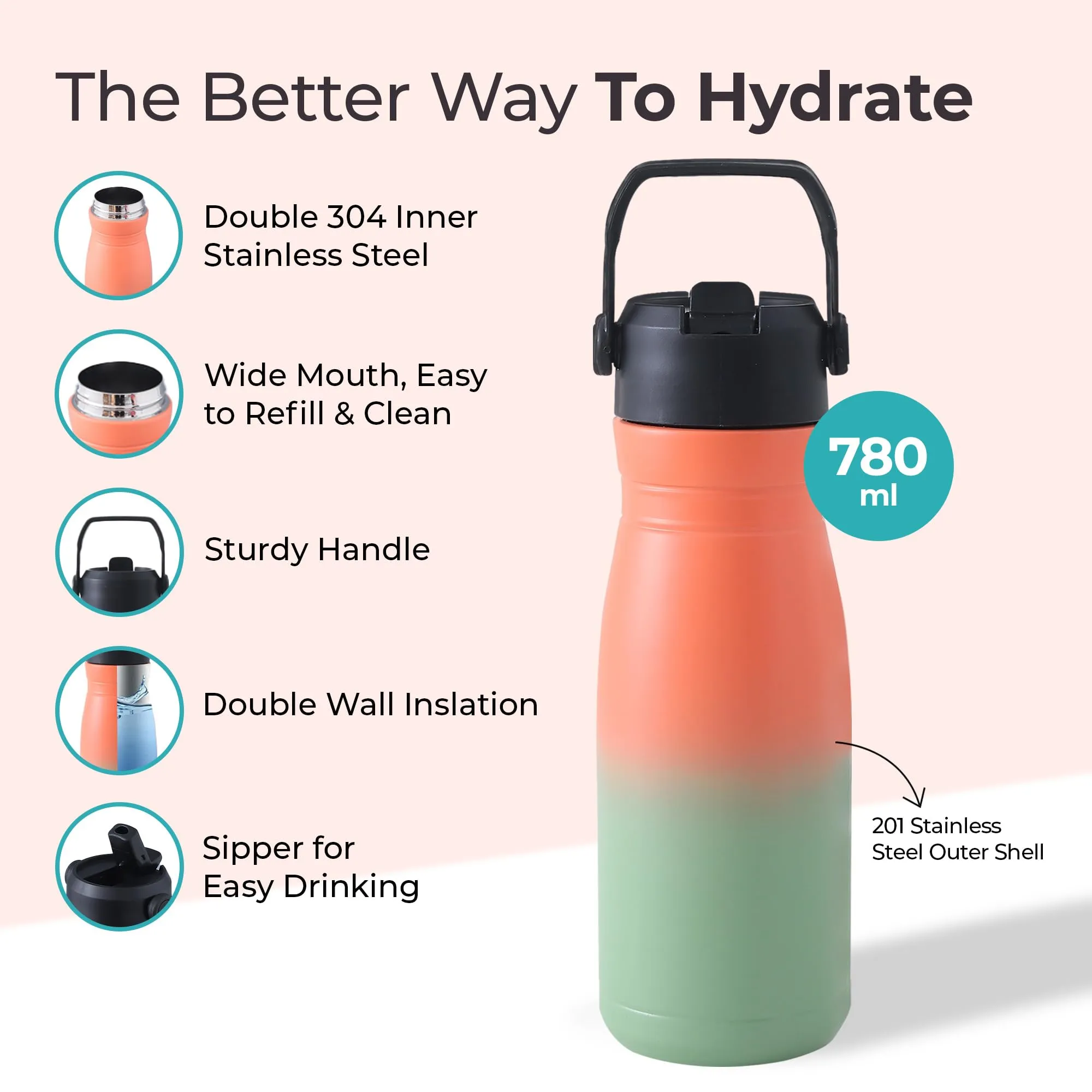 The Better Home Insulated Flask Water Bottle for Kids School (780ml) | Hot and Cold Water Bottle | Leakproof Thermosteel Water Bottle for Office/Gym/Travel | Handle| Sipper Bottle for Adults| Orange