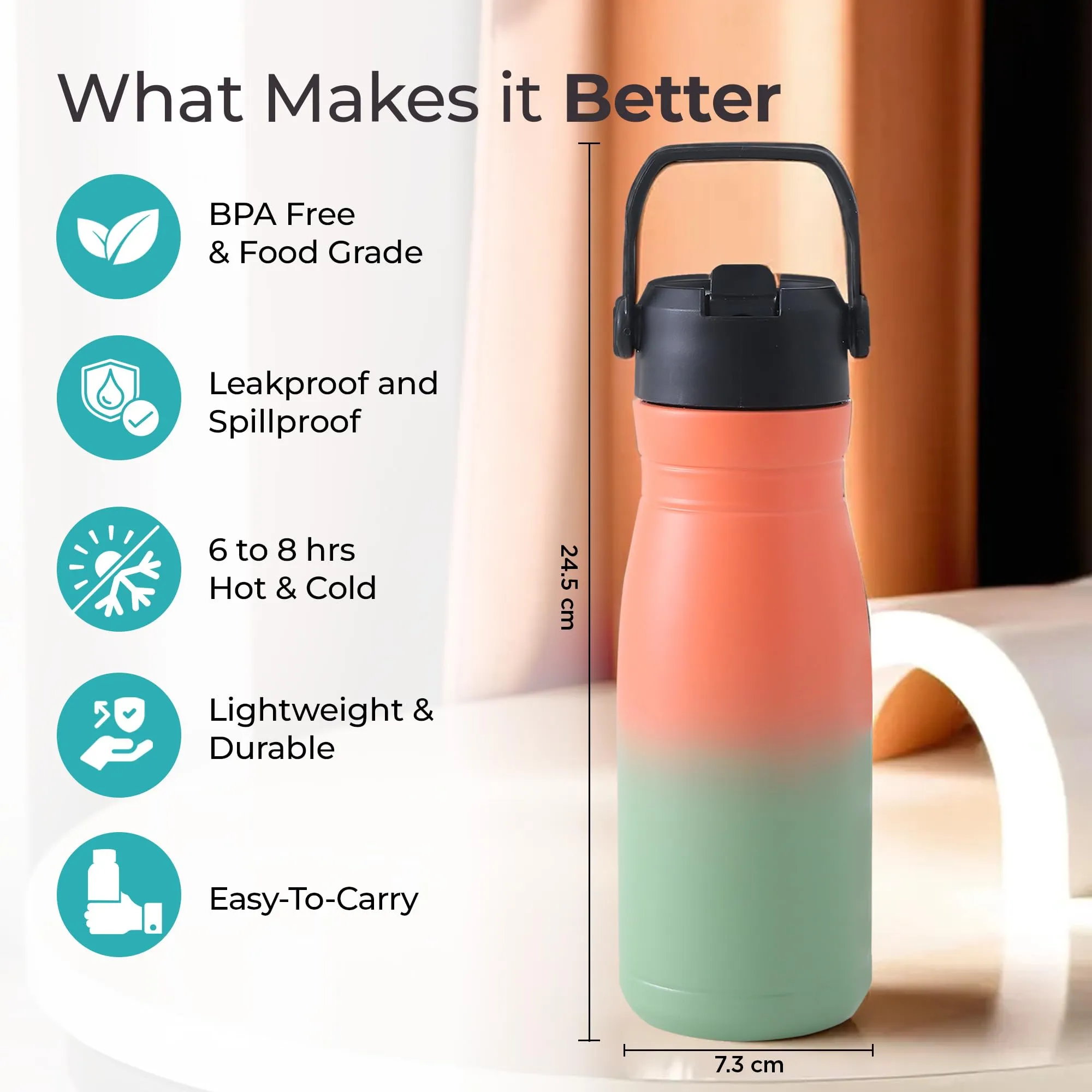 The Better Home Insulated Flask Water Bottle for Kids School (780ml) | Hot and Cold Water Bottle | Leakproof Thermosteel Water Bottle for Office/Gym/Travel | Handle| Sipper Bottle for Adults| Orange