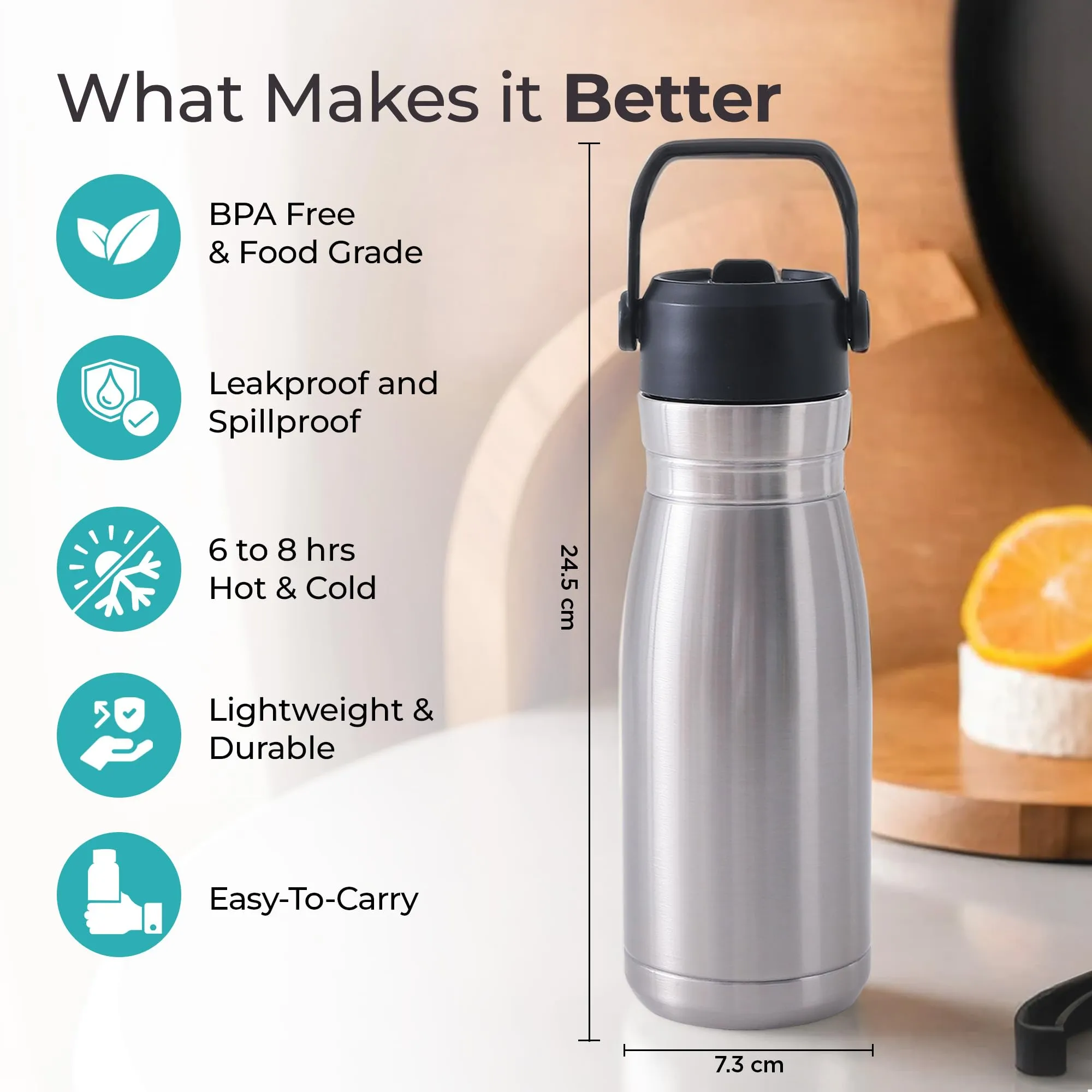 The Better Home Insulated Flask Water Bottle for Kids School (780ml) | Hot and Cold Water Bottle | Leakproof Thermosteel Water Bottle for Office/Gym/Travel | Handle | Sipper Bottle for Adults| Silver