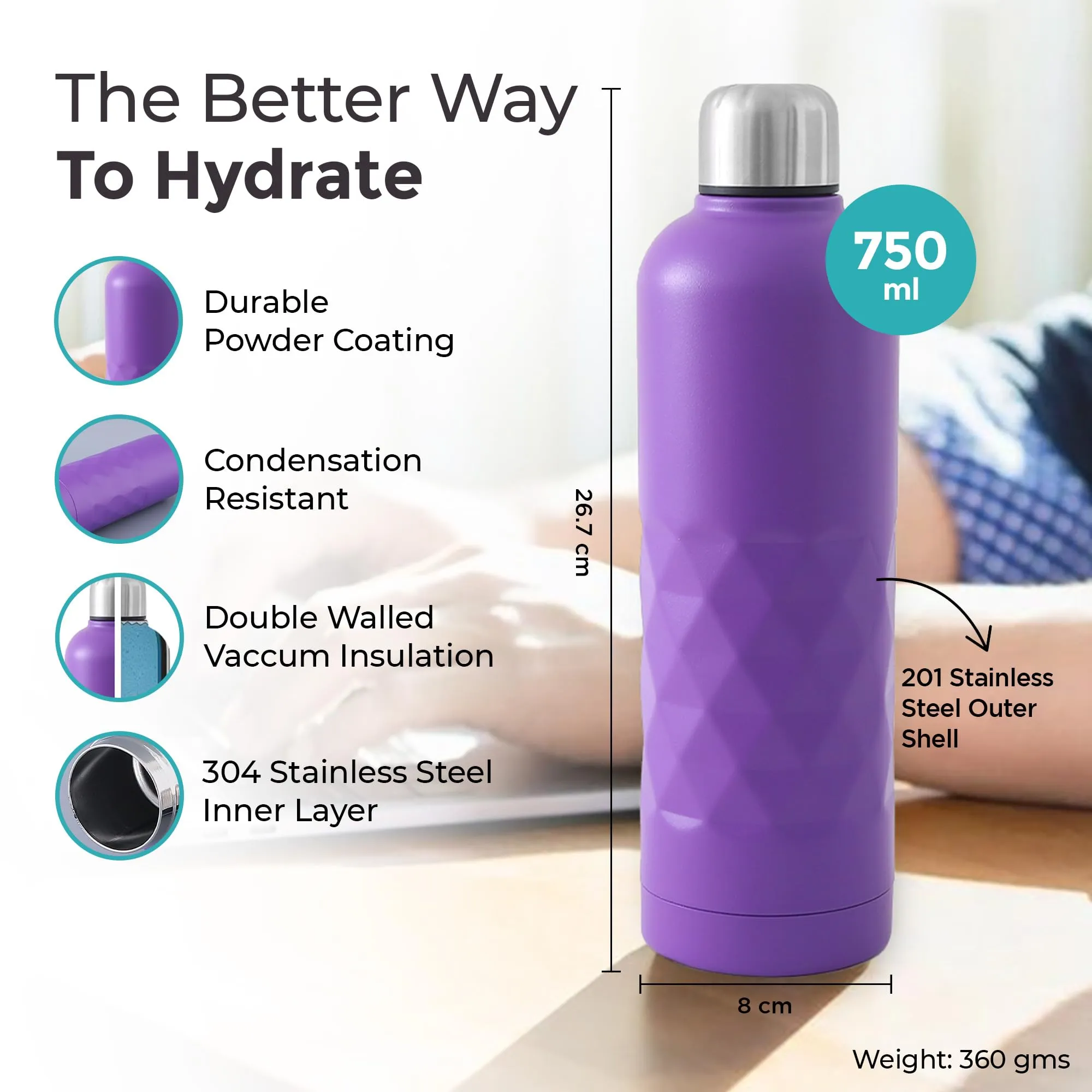 The Better Home Insulated Thermosteel Bottle 750ml | Small Flask Water Bottle for Kids School | Hot and Cold Water Bottle | Gym Bottles for Men/Women | Leakproof Screw Cap | (Purple)