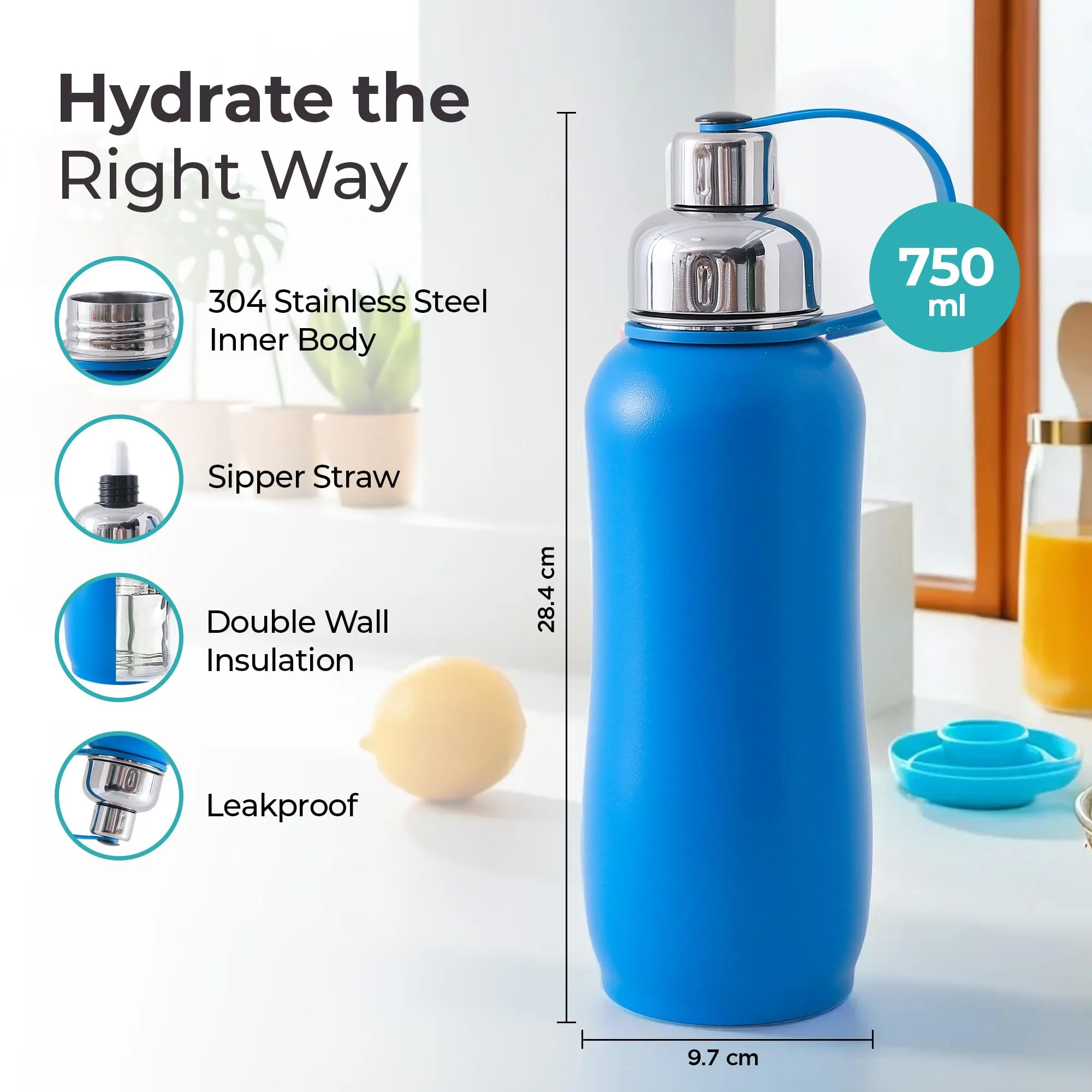 The Better Home Insulated Thermosteel Bottle 750ml | Small Flask Water Bottle for Kids School | Hot and Cold Water Bottle | Gym Bottles for Men/Women | Multi-Opening Cap | Gifting Items (Dark Blue)