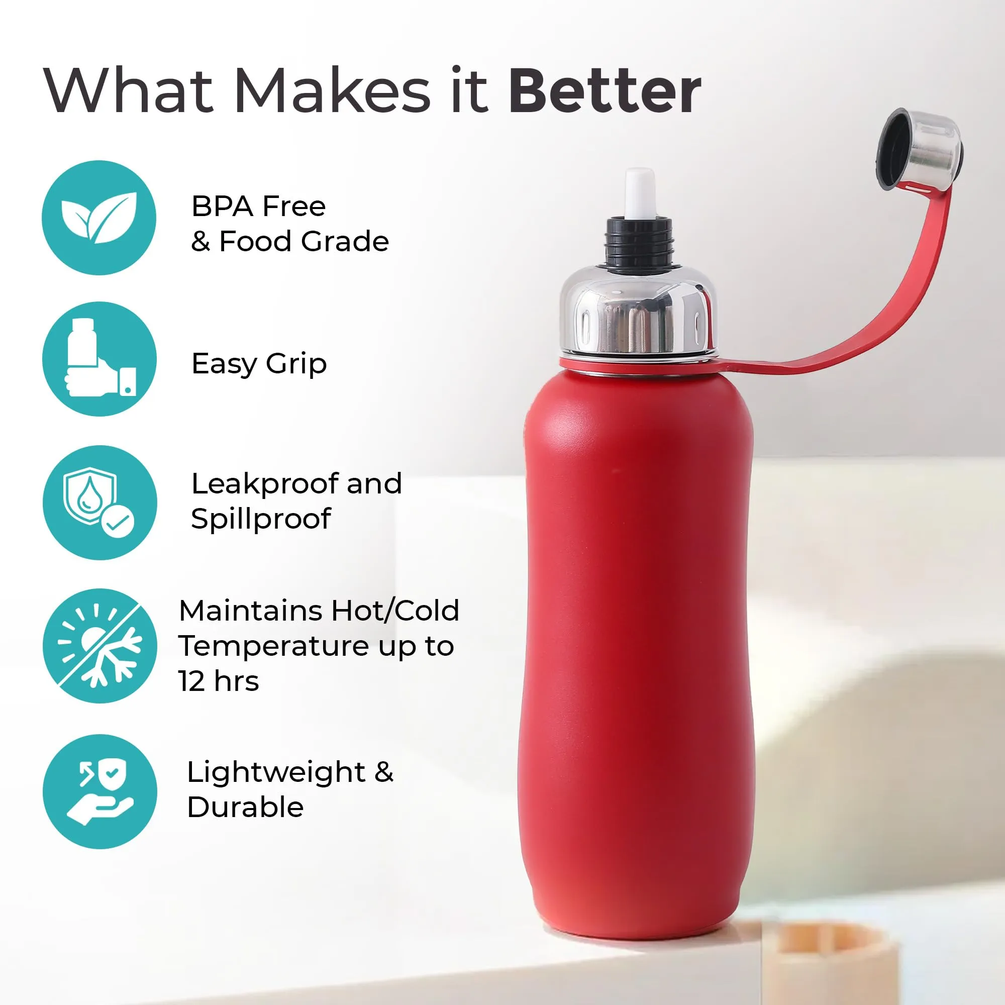 The Better Home Insulated Thermosteel Bottle 750ml | Small Flask Water Bottle for Kids School | Hot and Cold Water Bottle | Gym Bottles for Men/Women | Multi-Opening Cap | Gifting Items (Red)