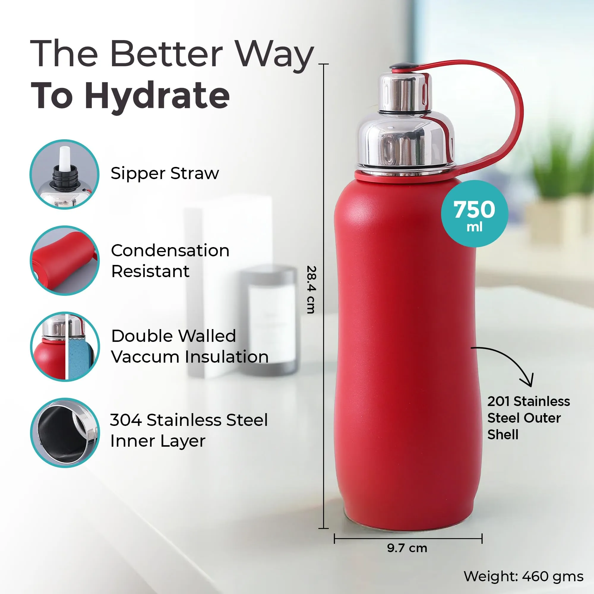The Better Home Insulated Thermosteel Bottle 750ml | Small Flask Water Bottle for Kids School | Hot and Cold Water Bottle | Gym Bottles for Men/Women | Multi-Opening Cap | Gifting Items (Red)