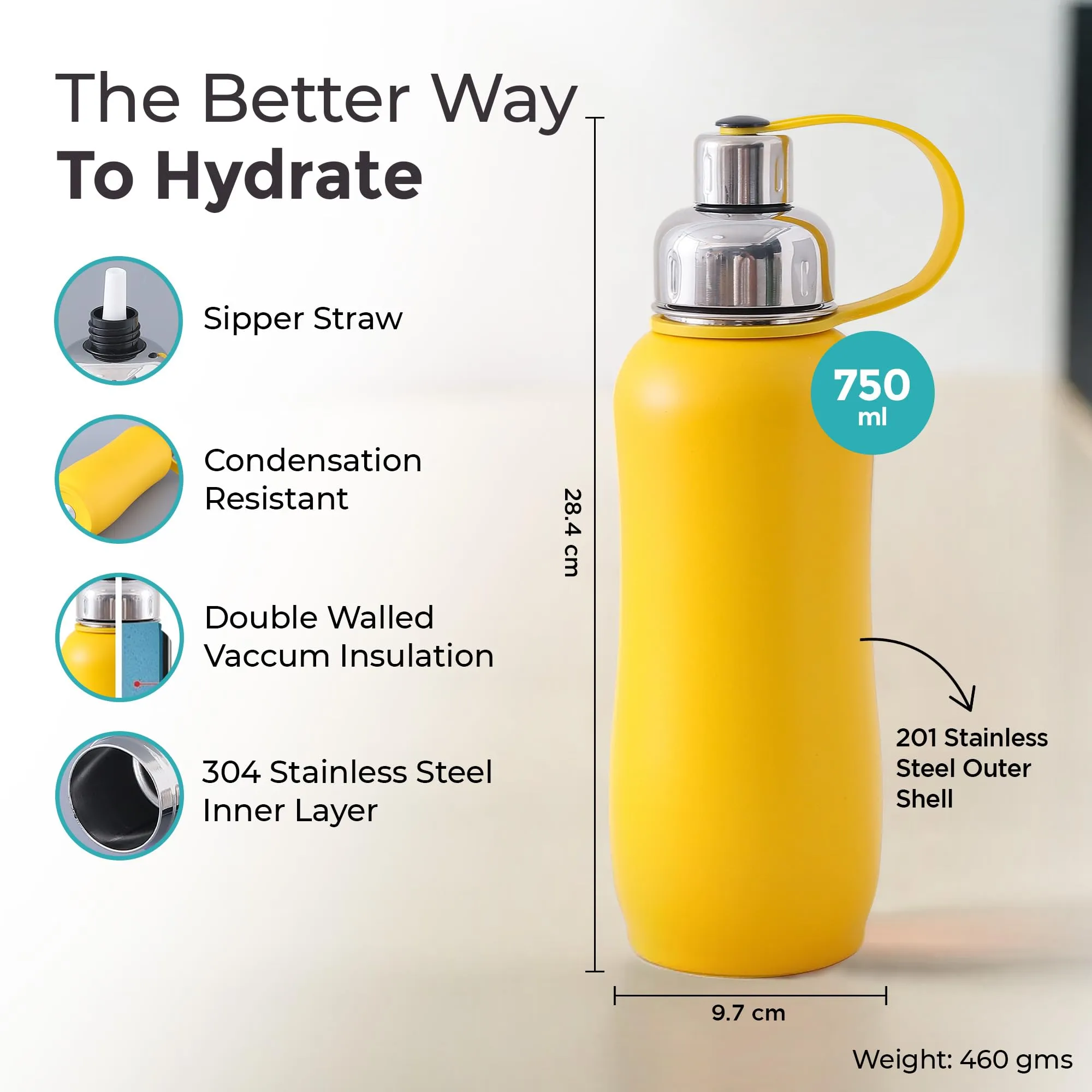 The Better Home Insulated Thermosteel Bottle 750ml | Small Flask Water Bottle for Kids School | Hot and Cold Water Bottle | Gym Bottles for Men/Women | Multi-Opening Cap | Gifting Items (Yellow)