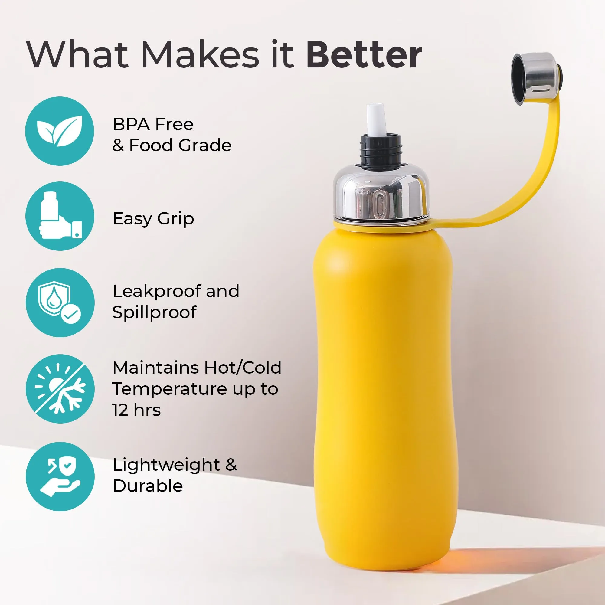 The Better Home Insulated Thermosteel Bottle 750ml | Small Flask Water Bottle for Kids School | Hot and Cold Water Bottle | Gym Bottles for Men/Women | Multi-Opening Cap | Gifting Items (Yellow)