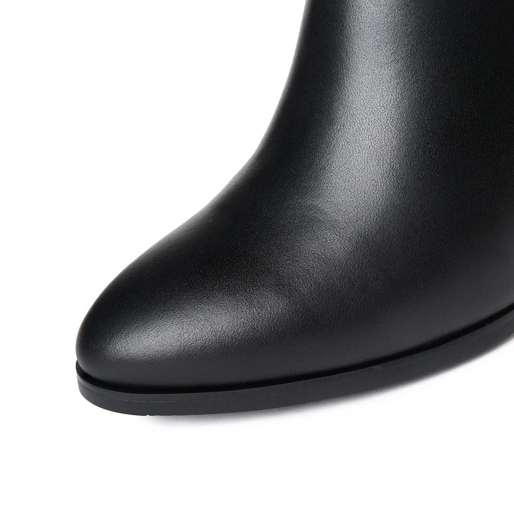 TinaCus Women's Genuine Leather Pointed Toe Side Zip Handmade High Chunky Heel Plus-size Customized Circumference Knee High Boots with Buckle