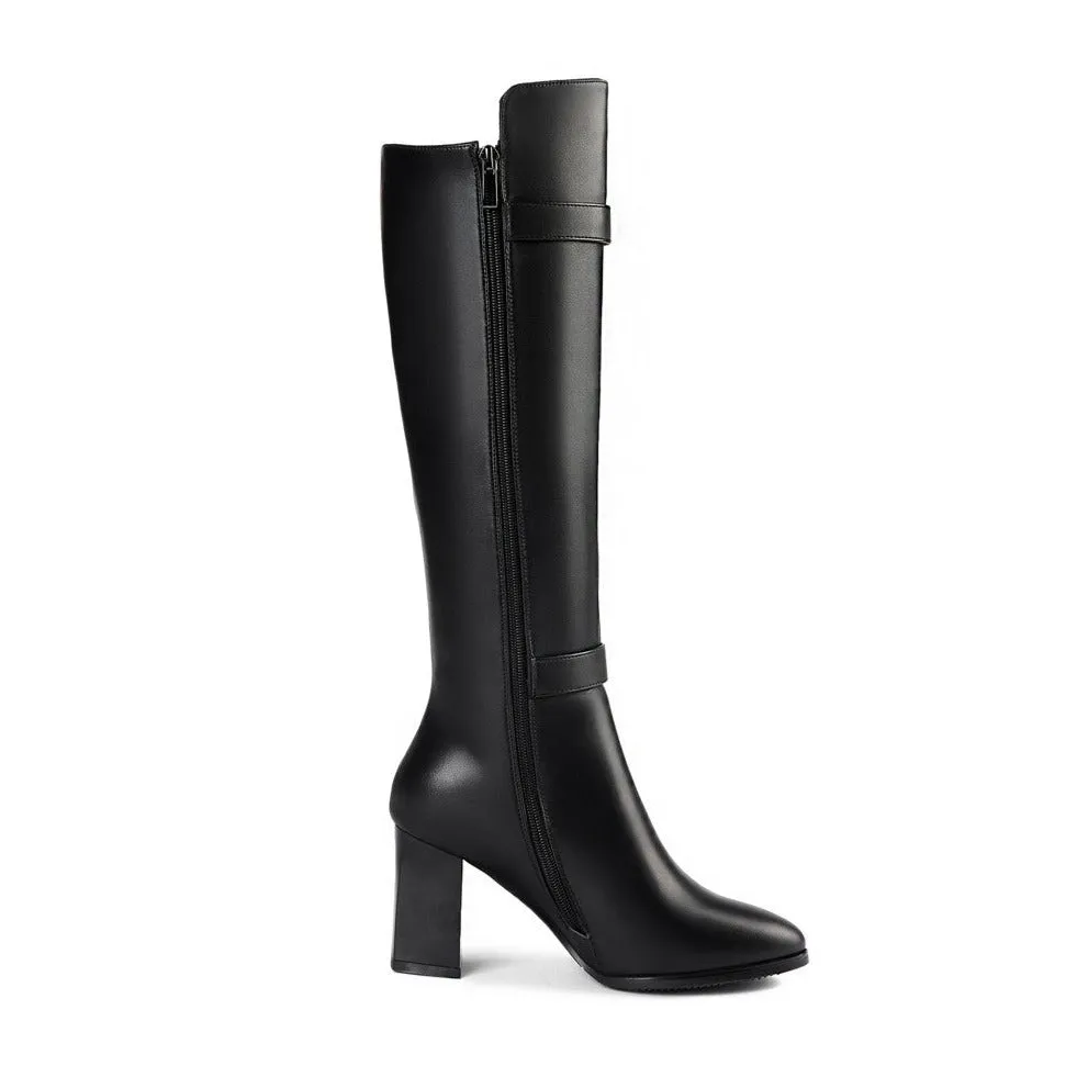 TinaCus Women's Genuine Leather Pointed Toe Side Zip Handmade High Chunky Heel Plus-size Customized Circumference Knee High Boots with Buckle