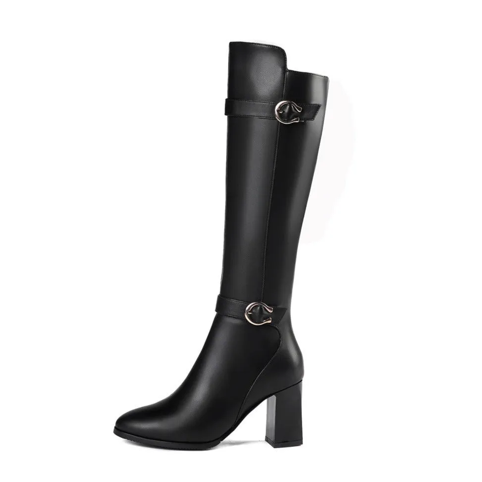 TinaCus Women's Genuine Leather Pointed Toe Side Zip Handmade High Chunky Heel Plus-size Customized Circumference Knee High Boots with Buckle