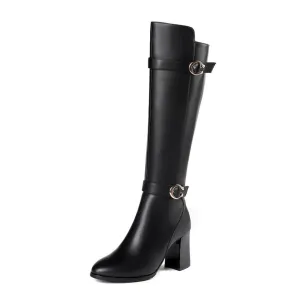 TinaCus Women's Genuine Leather Pointed Toe Side Zip Handmade High Chunky Heel Plus-size Customized Circumference Knee High Boots with Buckle