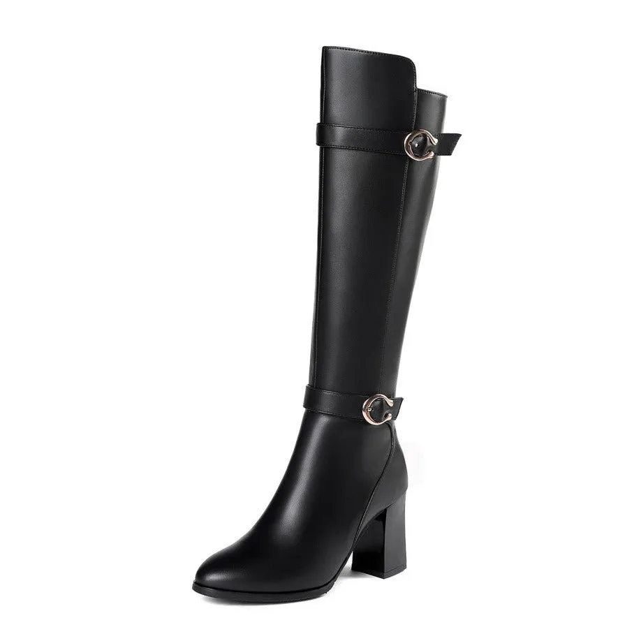TinaCus Women's Genuine Leather Pointed Toe Side Zip Handmade High Chunky Heel Plus-size Customized Circumference Knee High Boots with Buckle