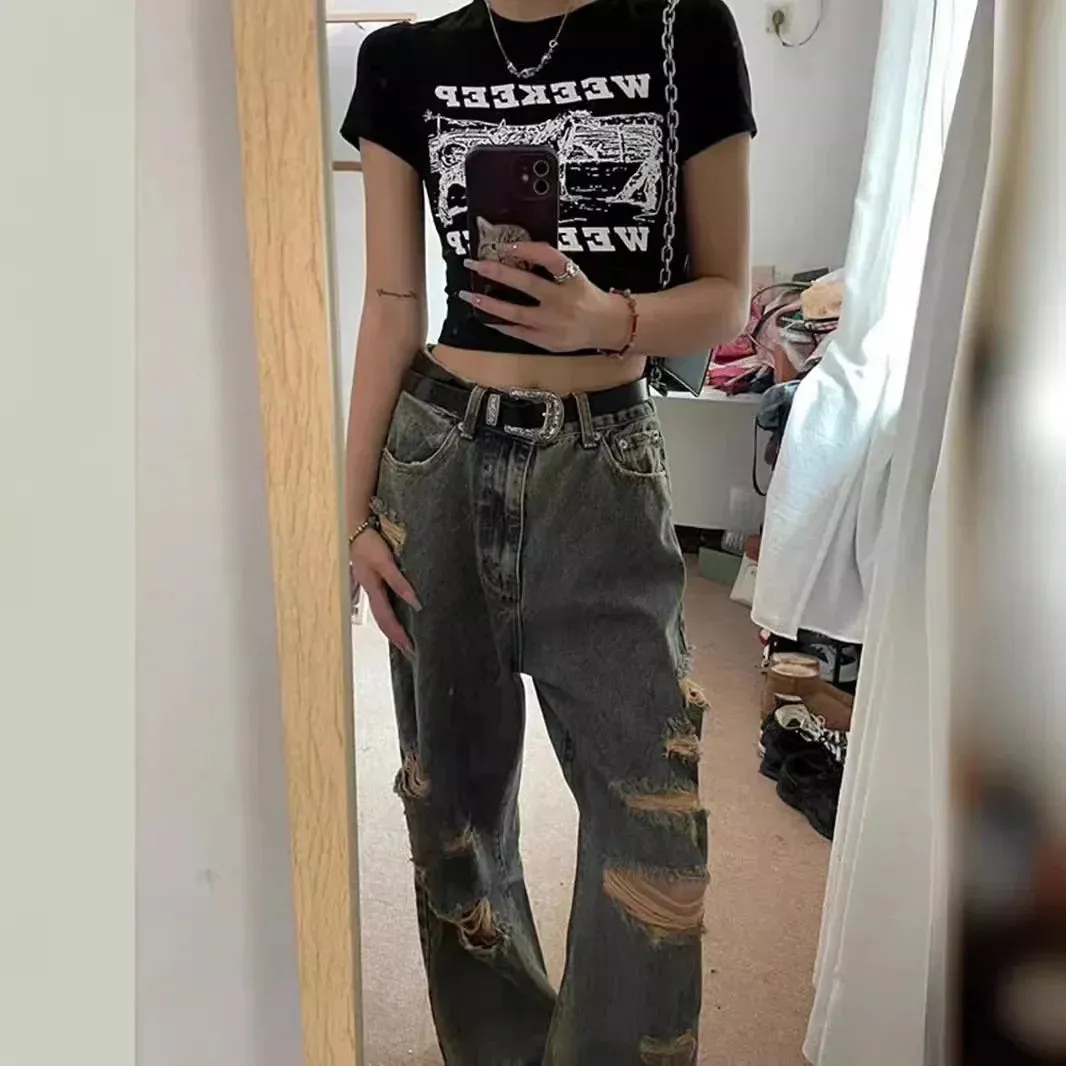 Trendy Loose-fit & High-waisted Ripped Jeans