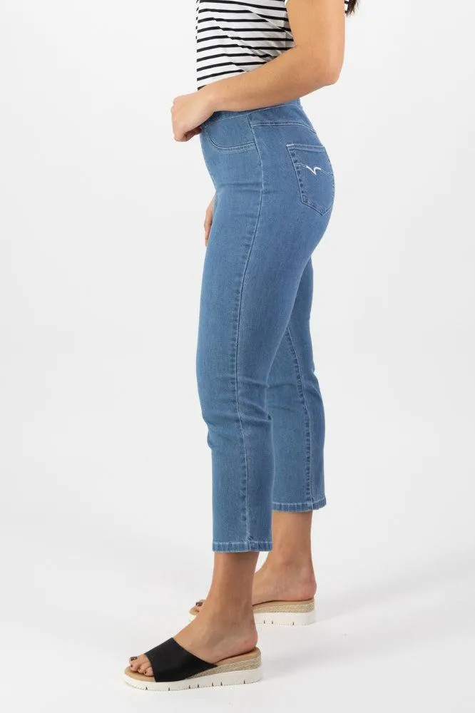 Vassalli Slim Leg 7/8 Length Lightweight Denim Pull On Mid Wash