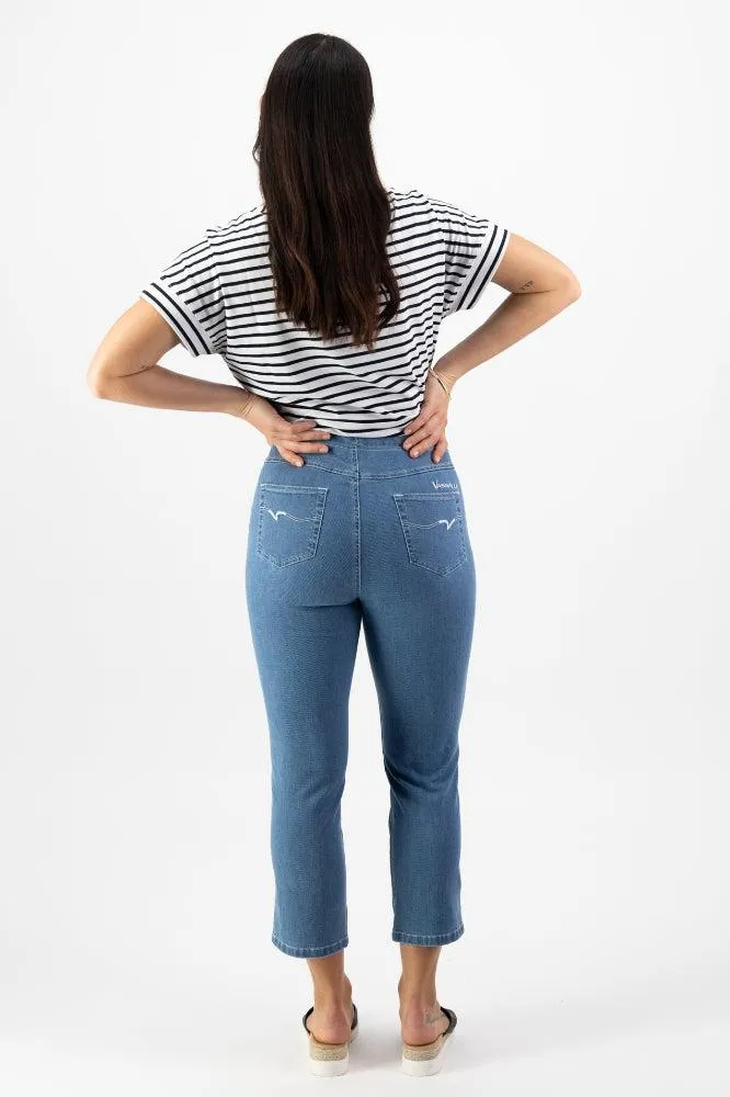 Vassalli Slim Leg 7/8 Length Lightweight Denim Pull On Mid Wash