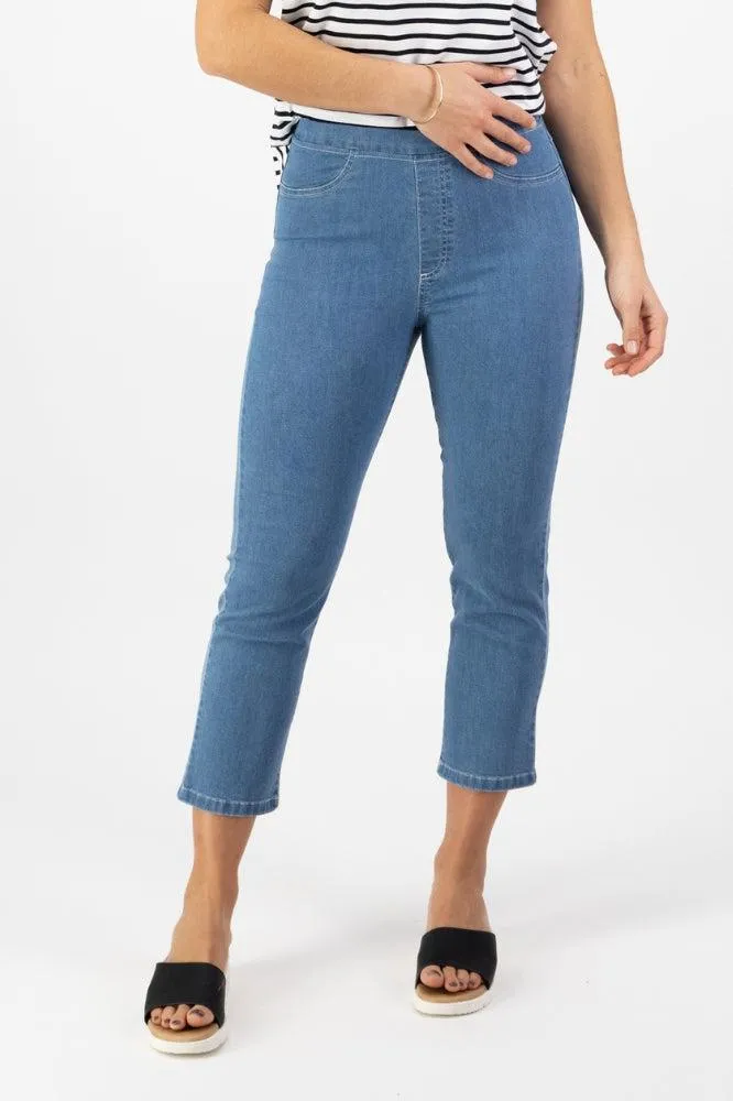 Vassalli Slim Leg 7/8 Length Lightweight Denim Pull On Mid Wash
