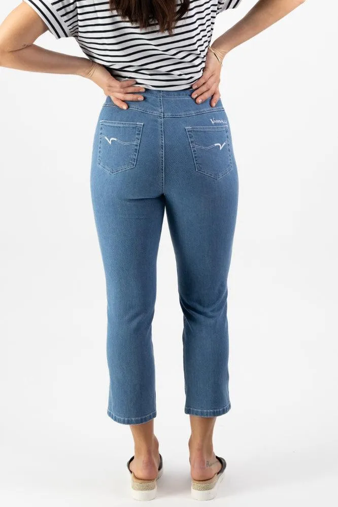 Vassalli Slim Leg 7/8 Length Lightweight Denim Pull On Mid Wash