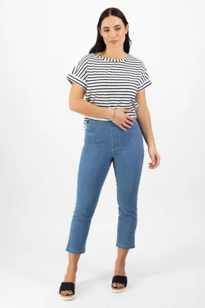 Vassalli Slim Leg 7/8 Length Lightweight Denim Pull On Mid Wash