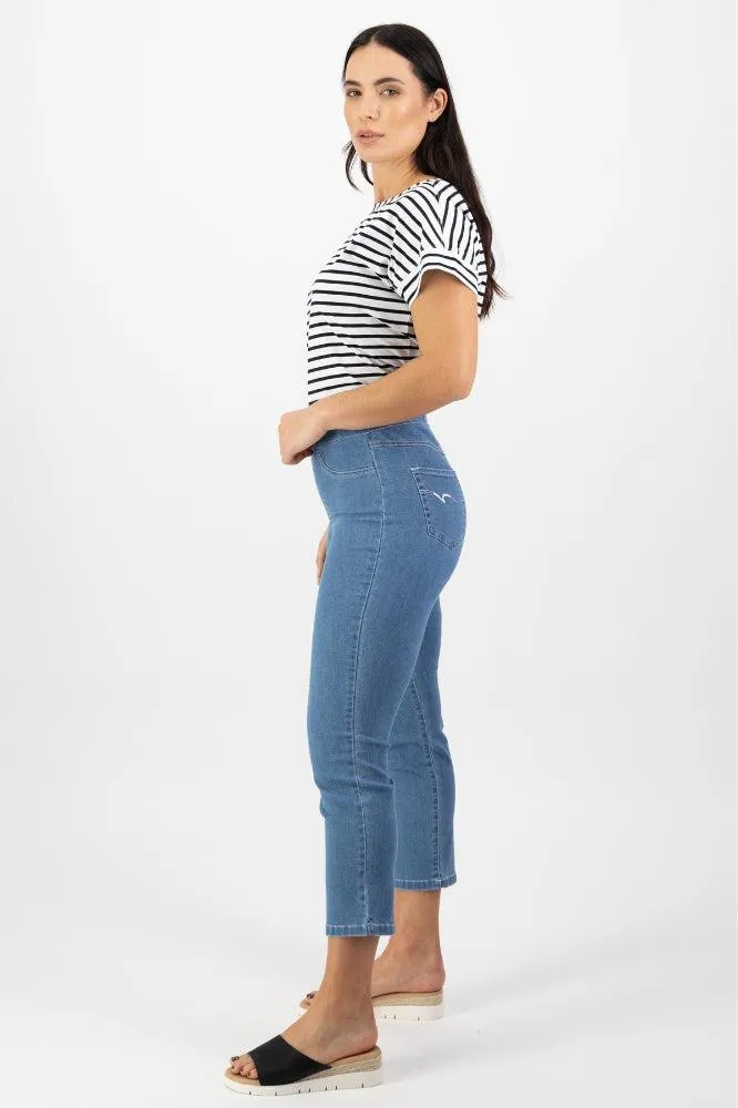 Vassalli Slim Leg 7/8 Length Lightweight Denim Pull On Mid Wash