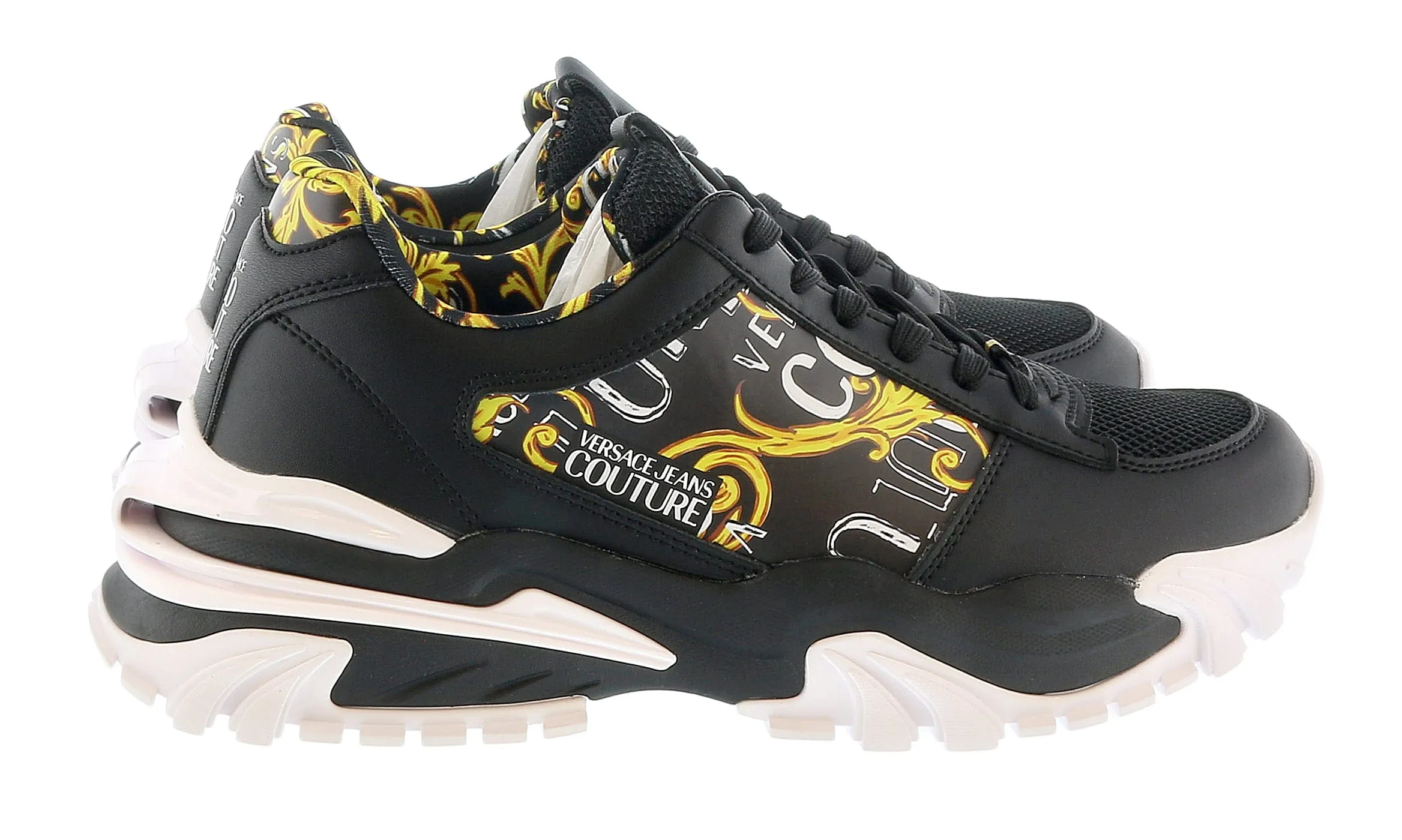 Versace Jeans Couture Black Gold Chunky Sole Signature Print Fashion Sneakers-