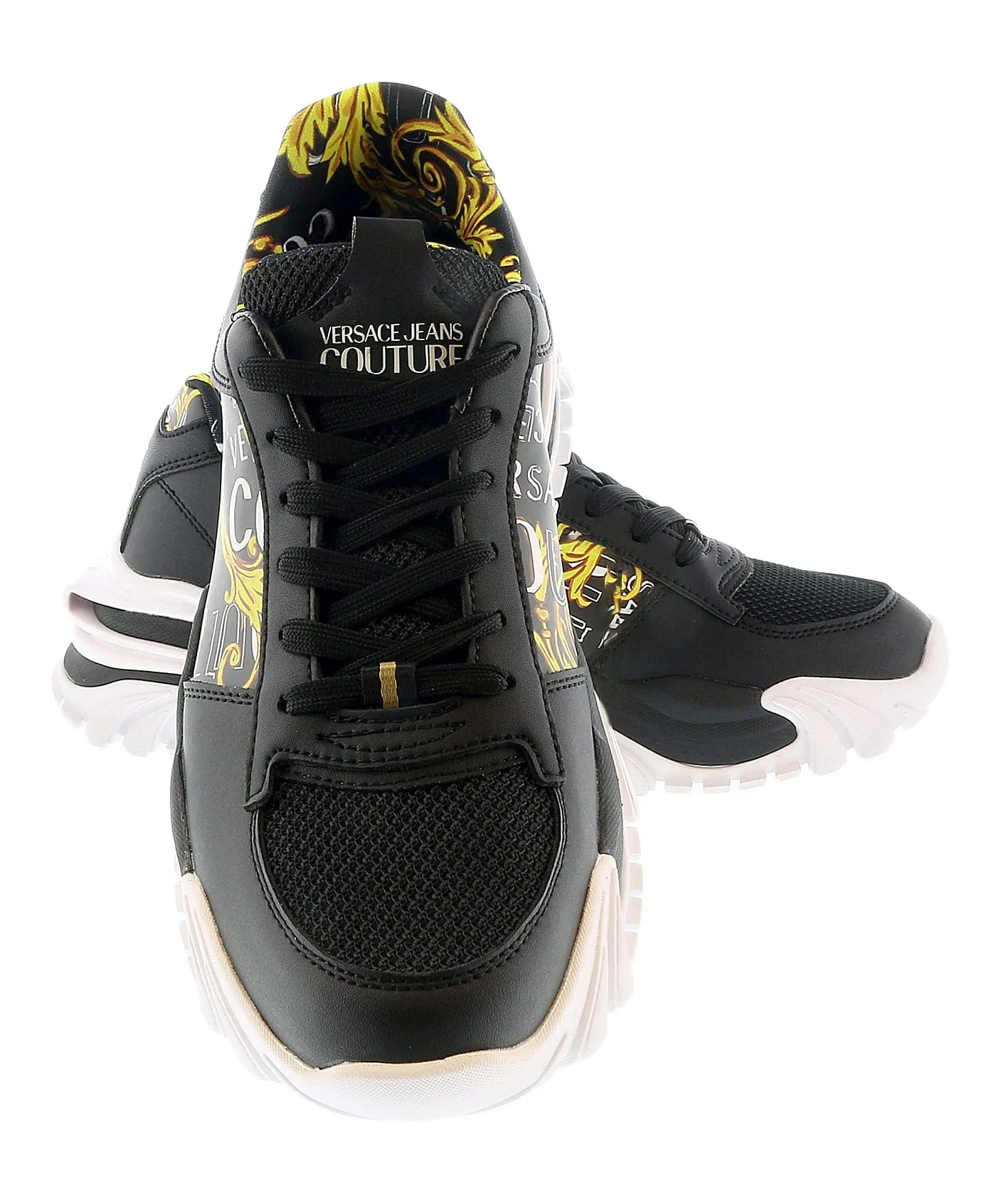 Versace Jeans Couture Black Gold Chunky Sole Signature Print Fashion Sneakers-