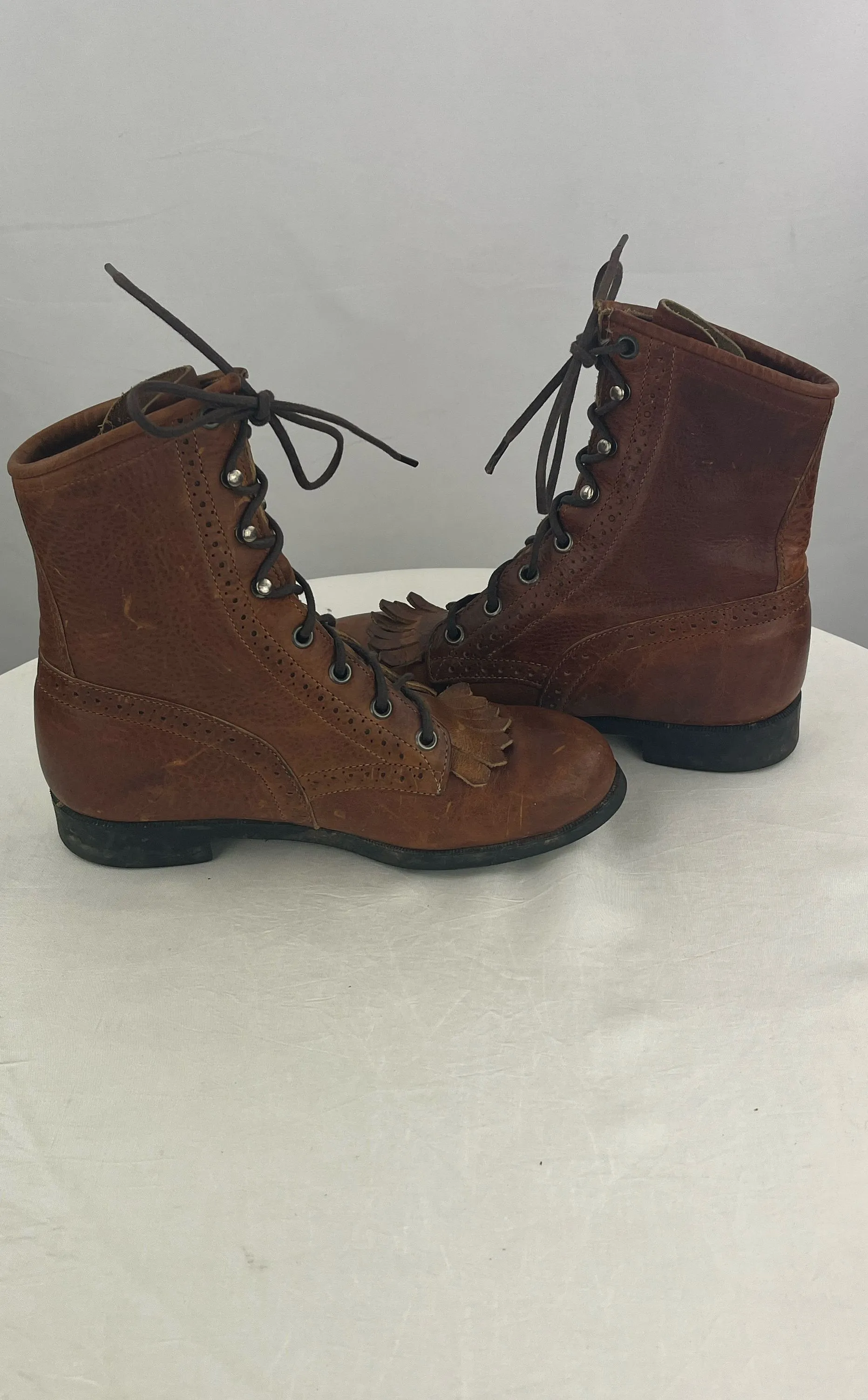 Vintage Justin Women's Brown Distressed Leather Fringe Western Boots Size 5.5B