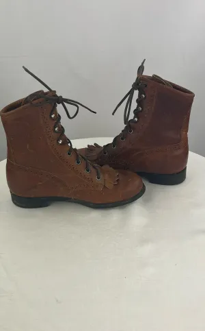 Vintage Justin Women's Brown Distressed Leather Fringe Western Boots Size 5.5B