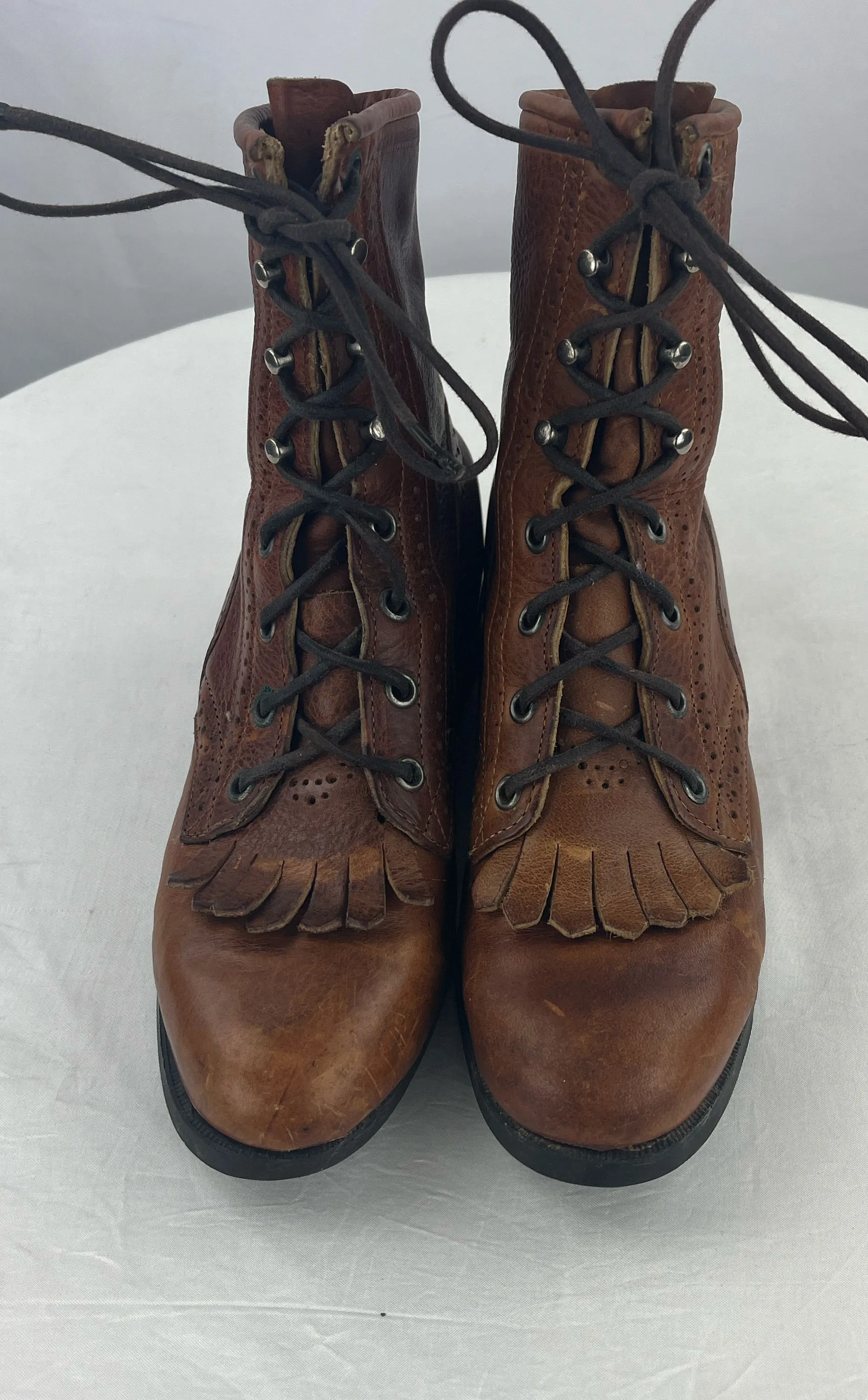 Vintage Justin Women's Brown Distressed Leather Fringe Western Boots Size 5.5B