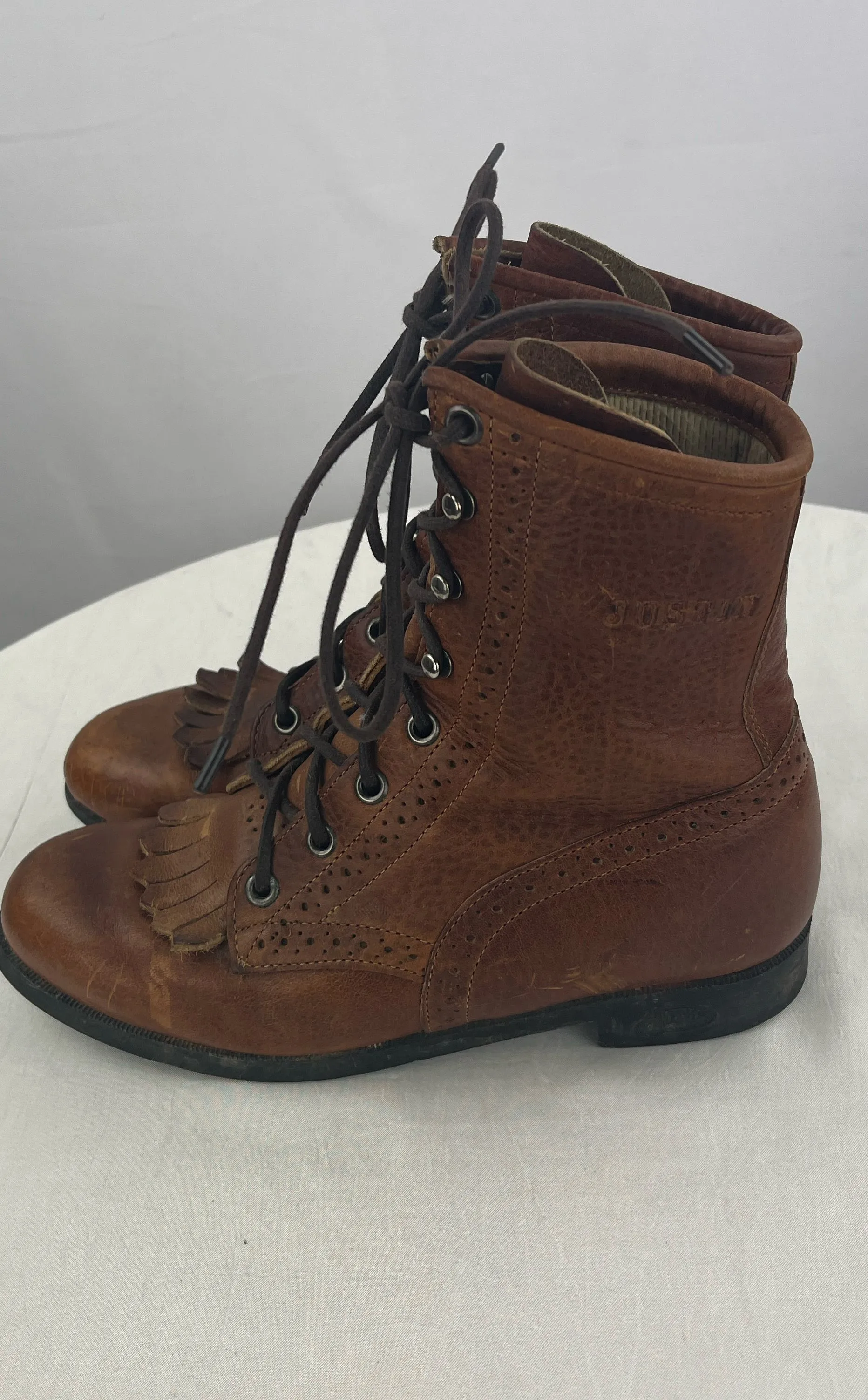 Vintage Justin Women's Brown Distressed Leather Fringe Western Boots Size 5.5B