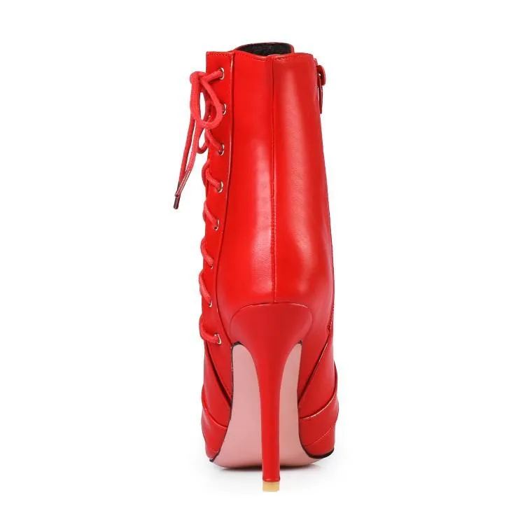 Women criss cross lace up pointed toe stiletto heeled booties