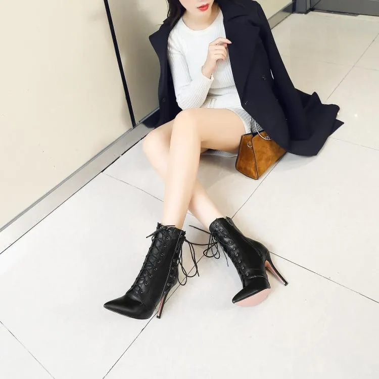 Women criss cross lace up pointed toe stiletto heeled booties