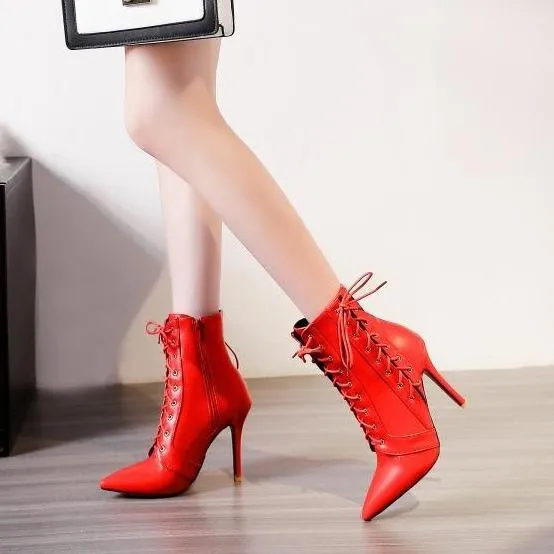 Women criss cross lace up pointed toe stiletto heeled booties