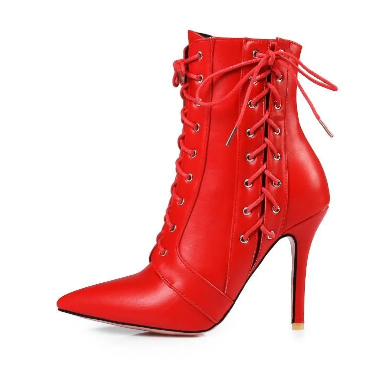 Women criss cross lace up pointed toe stiletto heeled booties