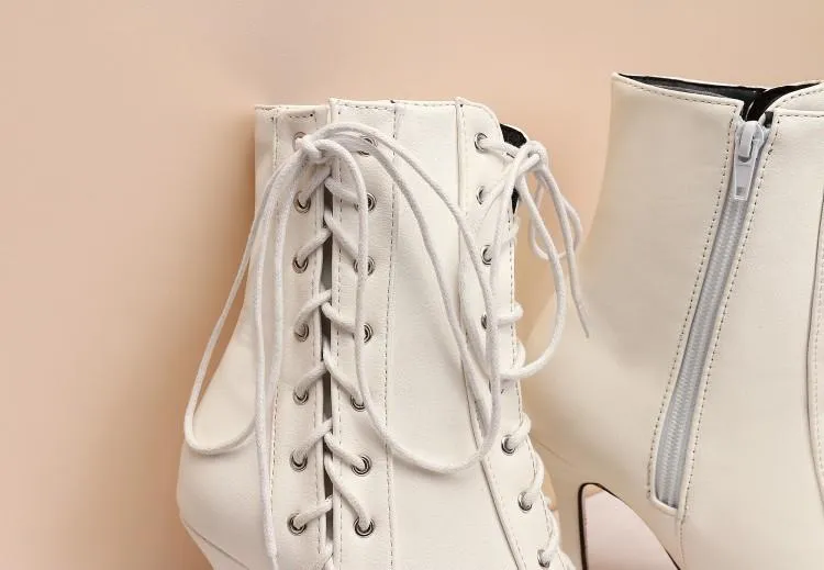 Women criss cross lace up pointed toe stiletto heeled booties