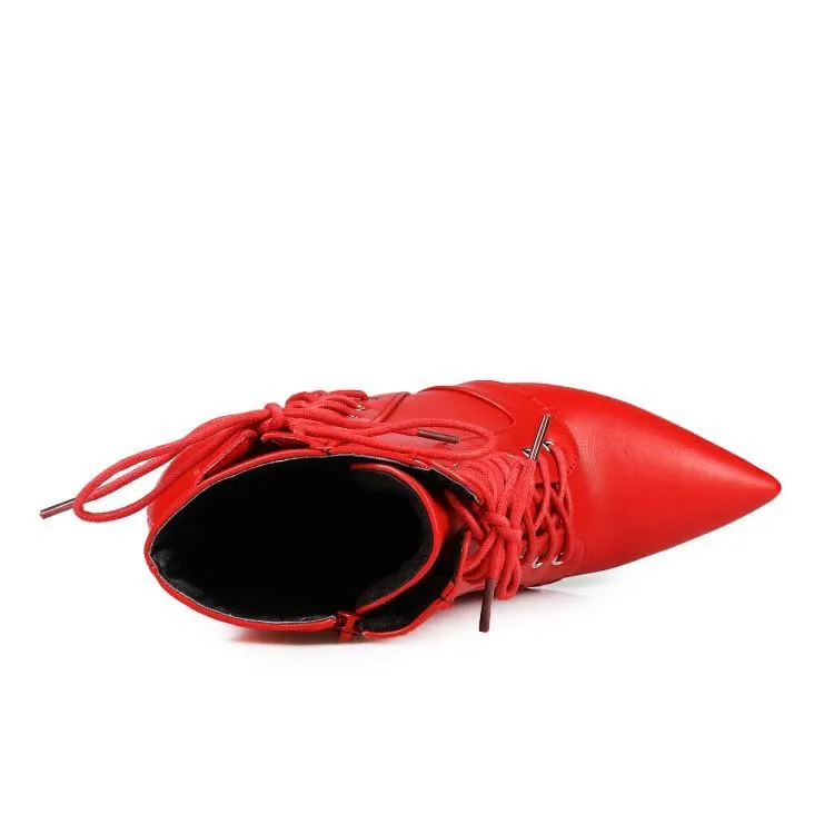 Women criss cross lace up pointed toe stiletto heeled booties