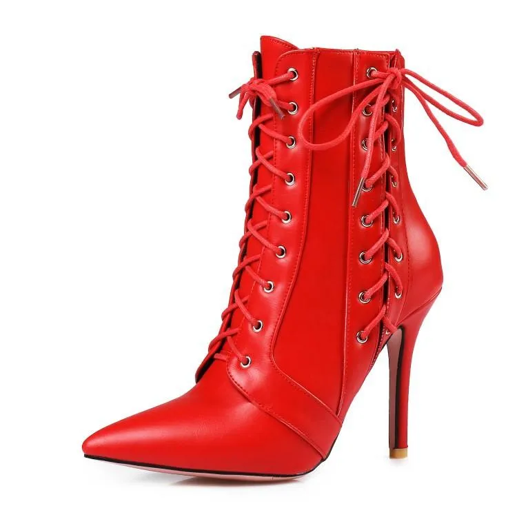 Women criss cross lace up pointed toe stiletto heeled booties