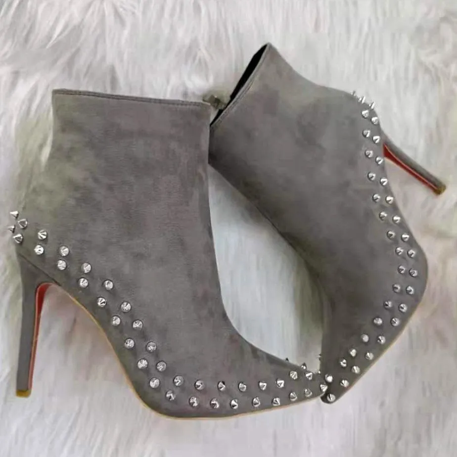 Women short pointed toe side zipper studded stiletto heeled boots