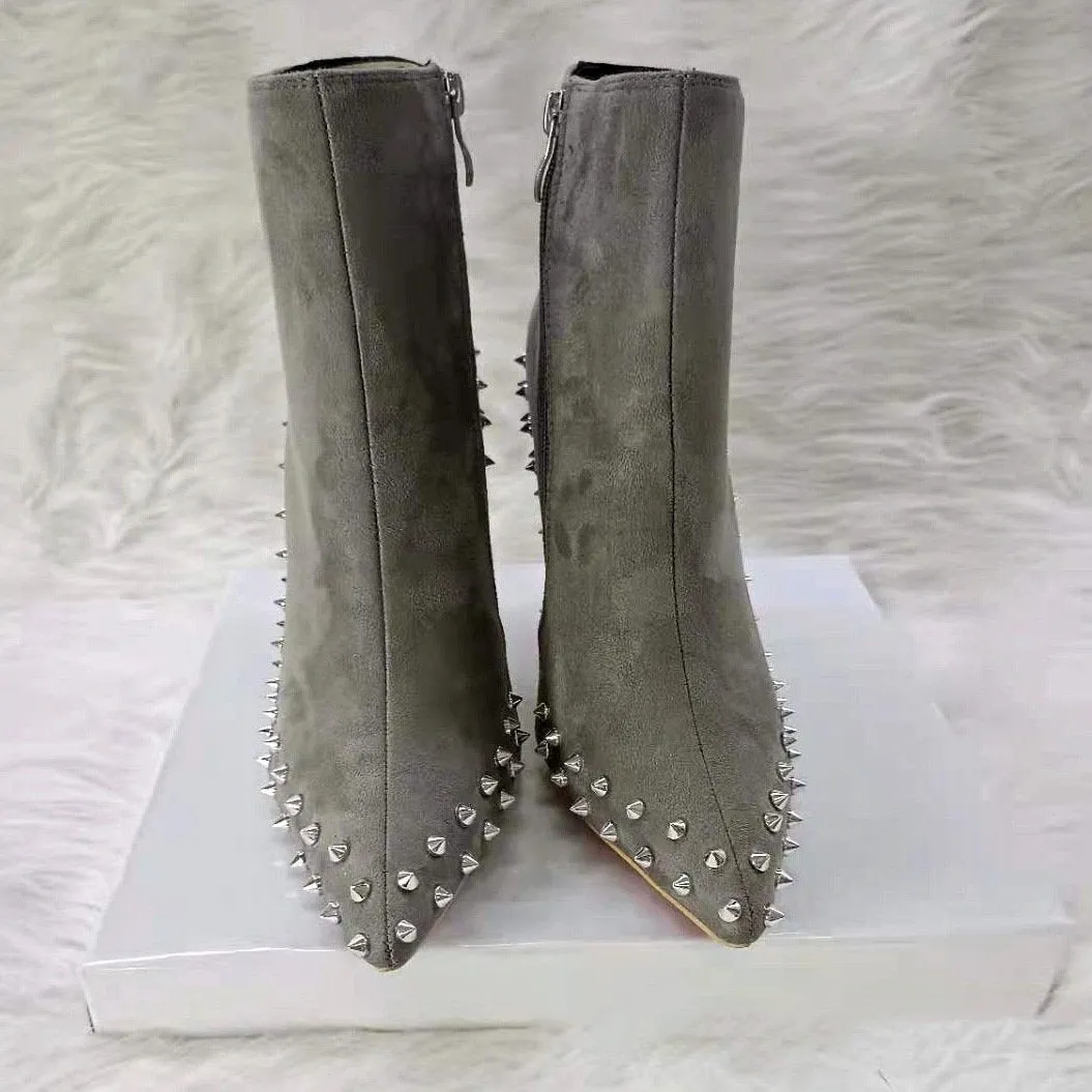 Women short pointed toe side zipper studded stiletto heeled boots